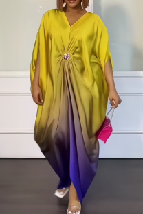 Yellow Elegant Gradient Color Ruched V Neck Irregular Dresses