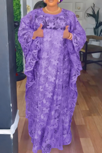 Purple Elegant Solid Color Hollow Out O Neck Long Sleeve Two Pieces