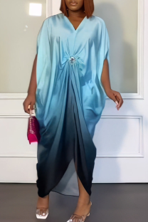 Turquoise Elegant Gradient Color Ruched V Neck Irregular Dresses