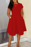 Yellow Casual Solid Color Pocket O Neck Long Plus Size Dresses