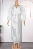 Black Elegant Solid Color Ruched V Neck Long Plus Size Dresses