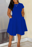 Yellow Casual Solid Color Pocket O Neck Long Plus Size Dresses