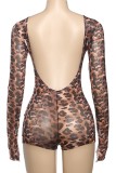Leopard Print Sexy Hot Leopard Print Backless O Neck Skinny Rompers