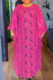 Rose Red Elegant Solid Color Hollow Out O Neck Long Sleeve Two Pieces
