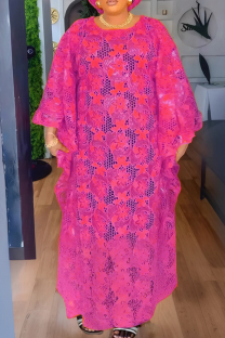 Rose Red Elegant Solid Color Hollow Out O Neck Long Sleeve Two Pieces