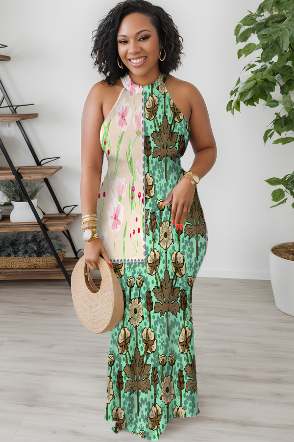 Green Casual Floral Print Contrast O Neck Long Dresses