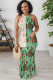 Green Casual Floral Print Contrast O Neck Long Dresses