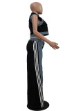 White Casual Daily Stripe Patchwork Zipper Collar Sleeveless Two Pieces