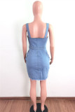 Light Blue Fashion Sexy Solid Backless Spaghetti Strap Denim Dress