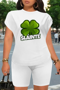 White Casual Letter Print Four Leaf Clover Contrast O Neck Short Sleeve Two Pieces