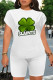 White Casual Letter Print Four Leaf Clover Contrast O Neck Short Sleeve Two Pieces