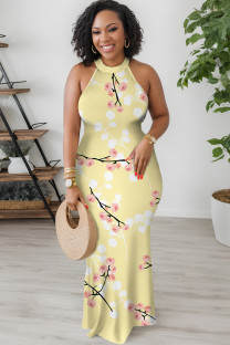 Shallow Yellow Casual Floral Print Contrast O Neck Long Dresses