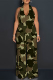 Camouflage Sexy Geometric Camouflage Print Pocket Lace Up Backless Contrast Halter Loose Jumpsuits
