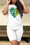 White Casual Skull Ombre Rainbow Print Four Leaf Clover O Neck Short Sleeve Two Pieces