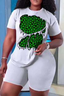 Black Green Casual Skull Ombre Rainbow Print Four Leaf Clover O Neck Short Sleeve Two Pieces