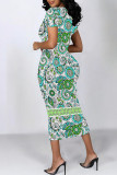 Rose Pink Casual Geometric Print Floral Print Contrast O Neck Printed Short Sleeve Dress