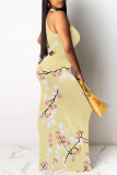 Green Casual Floral Print Contrast O Neck Long Dresses