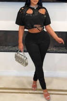 Black Casual Daily Solid Color Ripped Hollow Out O Neck Short Sleeve Two Pieces