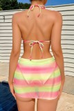 Pink Sexy Hot Gradient Print Backless Belted Swimsuit Three Piece Set (With Paddings)