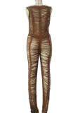 Pink Sexy Solid Hollowed Out Patchwork See-through O Neck Straight Jumpsuits