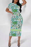 Rose Pink Casual Geometric Print Floral Print Contrast O Neck Printed Short Sleeve Dress