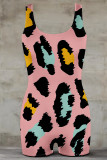 Pink Casual Leopard Print Contrast U Neck Skinny Rompers