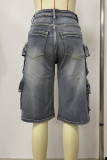 Blue Casual Daily Solid Color Pocket Patchwork Mid Waist Regular Denim Shorts