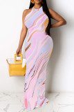 Green Casual Floral Print Contrast O Neck Long Dresses