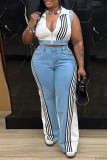 White Casual Daily Stripe Patchwork Zipper Collar Sleeveless Two Pieces