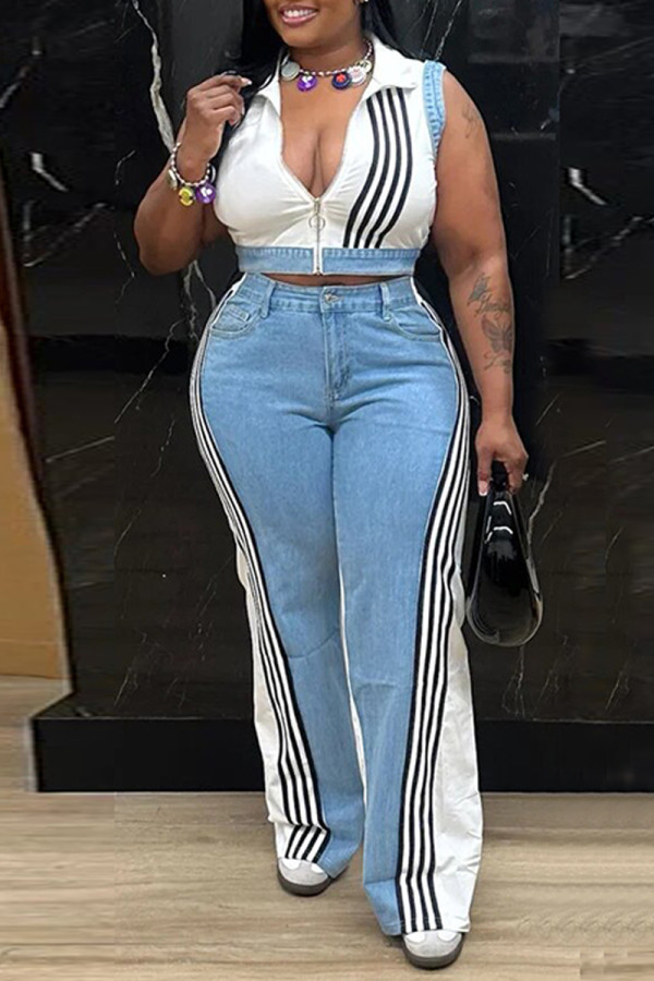 White Casual Daily Stripe Patchwork Zipper Collar Sleeveless Two Pieces