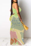 Green Casual Floral Print Contrast O Neck Long Dresses