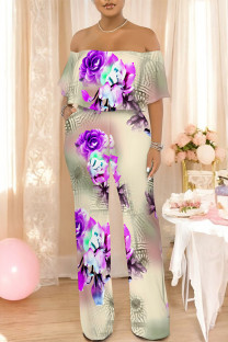 Purple Casual Floral Print Pocket Flounce Contrast Off Shoulder Jumpsuits