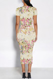 Rose Pink Casual Geometric Print Floral Print Contrast O Neck Printed Short Sleeve Dress