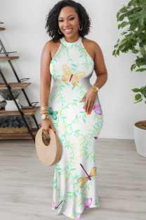 White Casual Floral Print Contrast O Neck Long Dresses