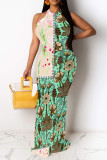Green Casual Floral Print Contrast O Neck Long Dresses