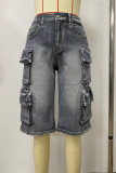 Blue Casual Daily Solid Color Pocket Patchwork Mid Waist Regular Denim Shorts