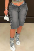 Grey Casual Daily Solid Color Pocket Patchwork Mid Waist Regular Denim Shorts