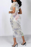 Rose Pink Casual Geometric Print Floral Print Contrast O Neck Printed Short Sleeve Dress