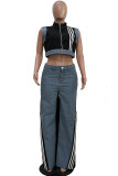 White Casual Daily Stripe Patchwork Zipper Collar Sleeveless Two Pieces