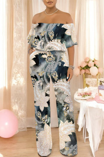 Dark Blue Casual Floral Print Pocket Flounce Contrast Off Shoulder Jumpsuits