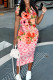 Rose Pink Casual Geometric Print Floral Print Contrast O Neck Printed Short Sleeve Dress