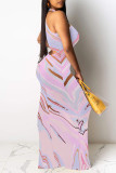 Green Casual Floral Print Contrast O Neck Long Dresses