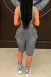 Blue Casual Daily Solid Color Pocket Patchwork Mid Waist Regular Denim Shorts