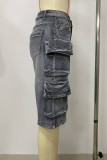 Blue Casual Daily Solid Color Pocket Patchwork Mid Waist Regular Denim Shorts