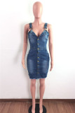 Light Blue Fashion Sexy Solid Backless Spaghetti Strap Denim Dress