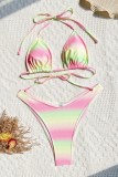 Pink Sexy Hot Gradient Print Backless Belted Swimsuit Three Piece Set (With Paddings)