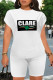 Black Casual Letter Print Four Leaf Clover Contrast O Neck Short Sleeve Two Pieces