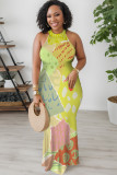 Green Casual Floral Print Contrast O Neck Long Dresses