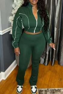 Green Casual Zipper Contrast Zipper Collar Long Sleeve Two Pieces