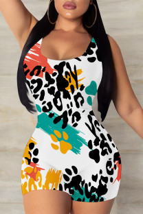 White Casual Leopard Print Contrast U Neck Skinny Rompers